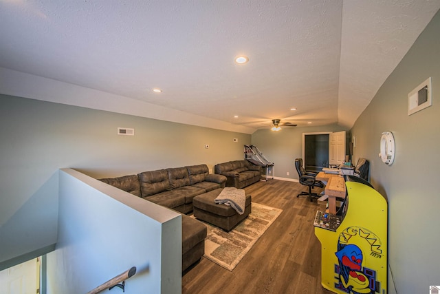 living room with visible vents, a ceiling fan, wood finished floors, a textured ceiling, and recessed lighting