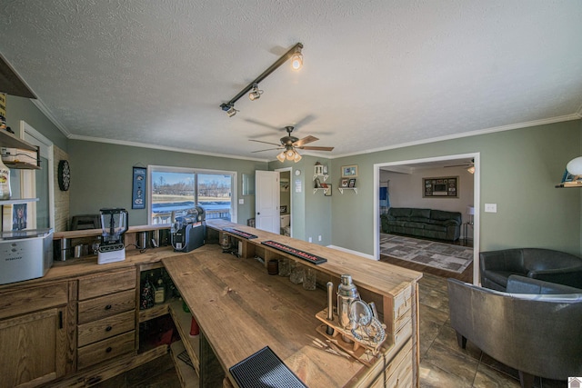 dining area featuring rail lighting, ceiling fan, ornamental molding, and a textured ceiling