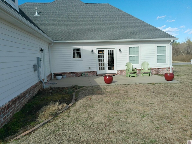 24 Hill Creek Ln, Benton, KY 42003 - rear view of house with a patio, french doors, roof with shingles, and a yard