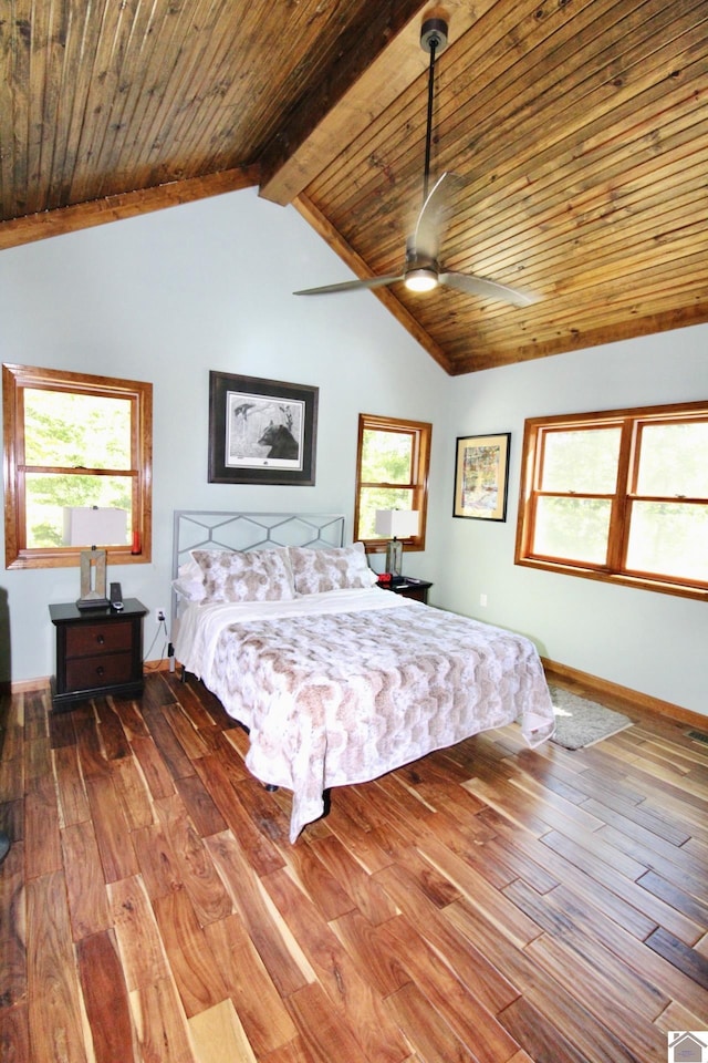 bedroom with baseboards, a ceiling fan, wooden ceiling, wood finished floors, and vaulted ceiling with beams