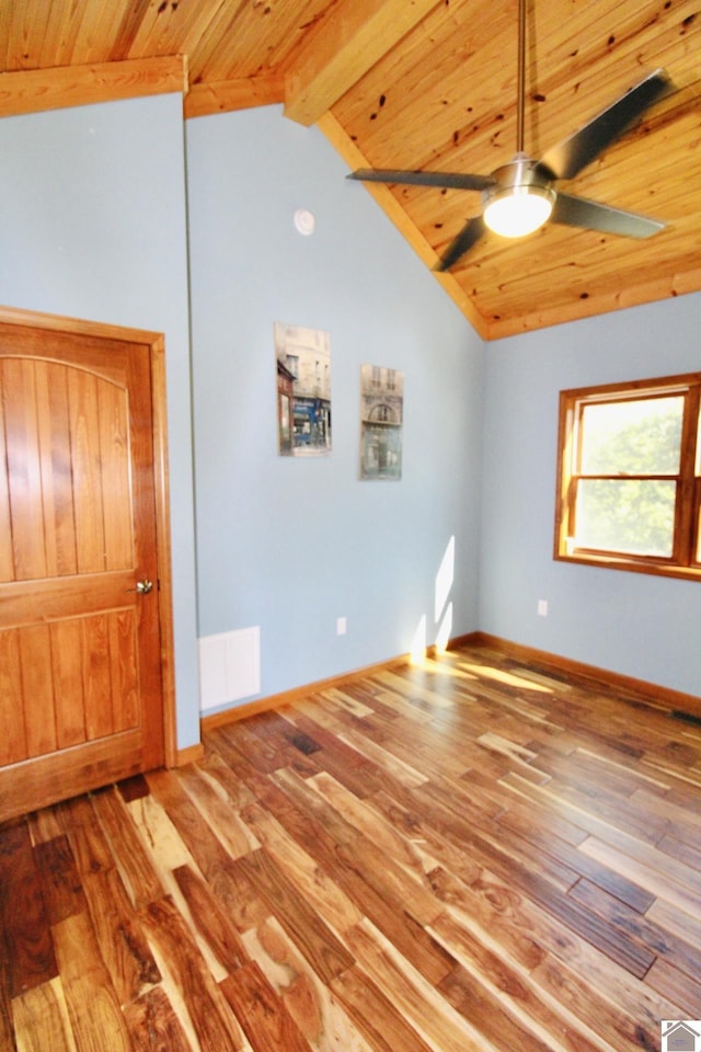 empty room with wood ceiling, lofted ceiling with beams, baseboards, and wood finished floors