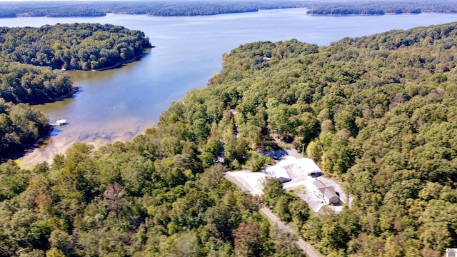 drone / aerial view featuring a water view and a view of trees