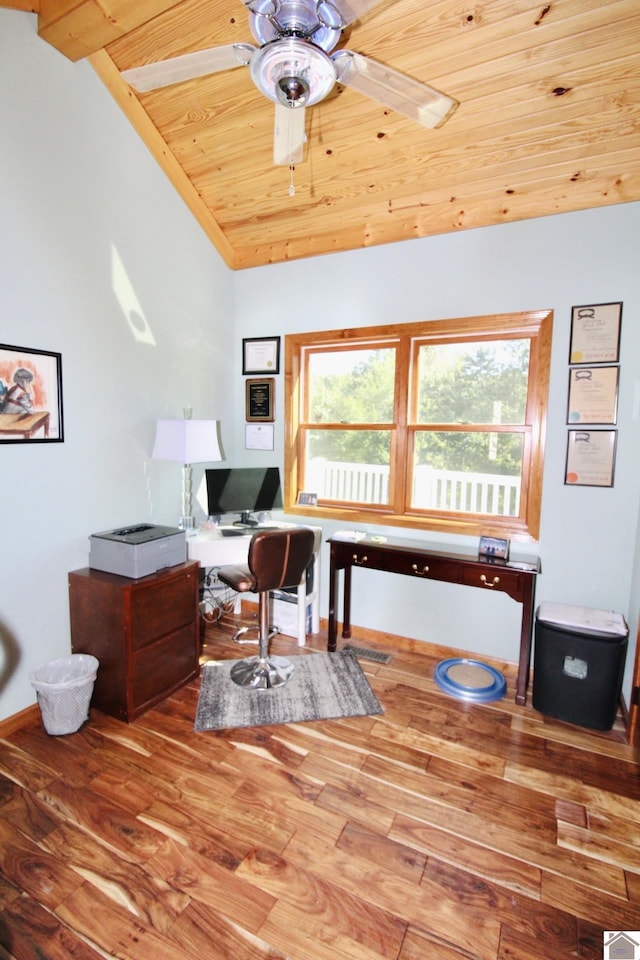 office area featuring wood ceiling, baseboards, ceiling fan, and wood finished floors