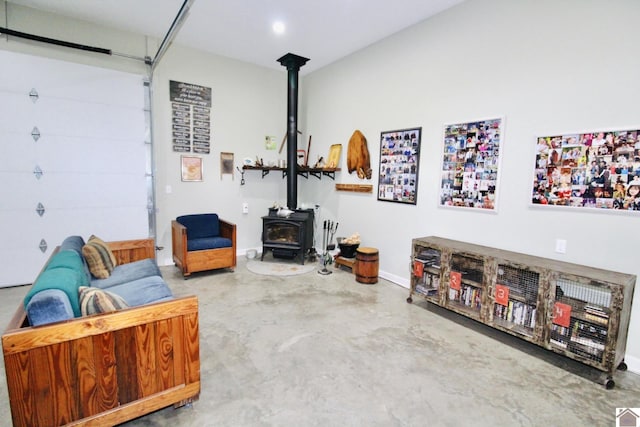 garage featuring a wood stove