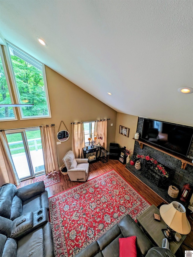 living room with lofted ceiling, plenty of natural light, a textured ceiling, and wood finished floors