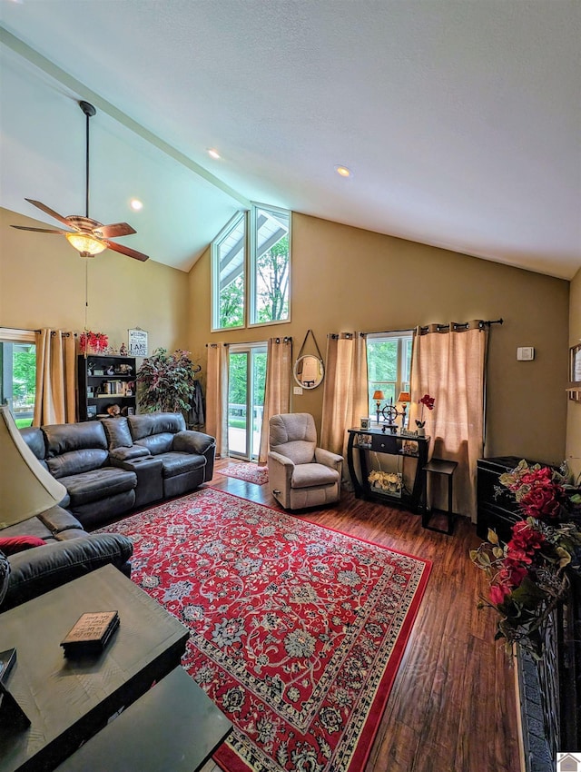 living room featuring high vaulted ceiling and wood finished floors