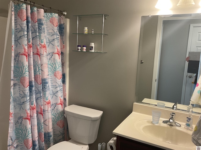 full bathroom featuring a shower with curtain, vanity, and toilet