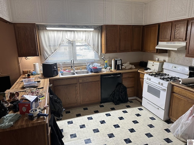 kitchen with black dishwasher, white range with gas stovetop, extractor fan, light countertops, and a sink