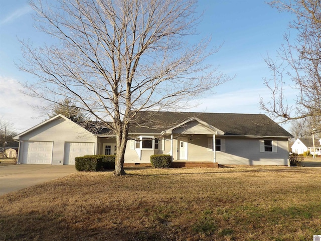 ranch-style house with an attached garage, driveway, crawl space, and a front yard