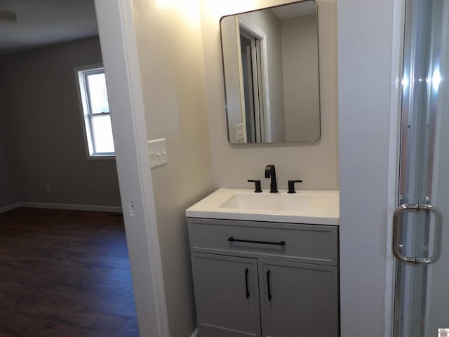 bathroom featuring wood finished floors, vanity, and baseboards