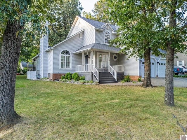 view of front of house with a porch, an attached garage, driveway, roof with shingles, and a front yard