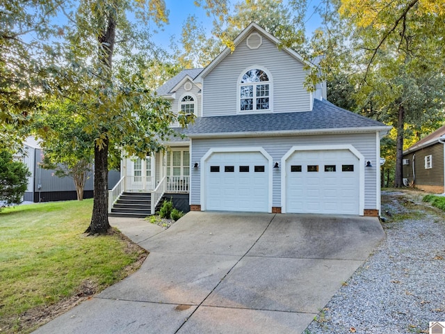 view of front of property featuring a garage, roof with shingles, concrete driveway, and a front yard