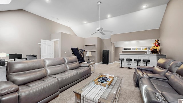 living room featuring recessed lighting, light colored carpet, vaulted ceiling, ceiling fan, and baseboards