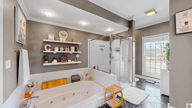 bathroom with a whirlpool tub, a stall shower, crown molding, and tile patterned floors