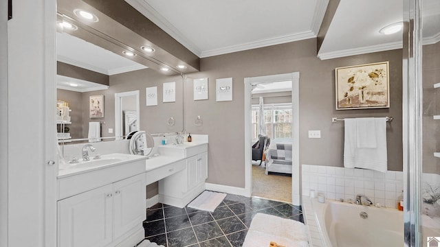 bathroom with double vanity, baseboards, ornamental molding, tile patterned flooring, and a bath