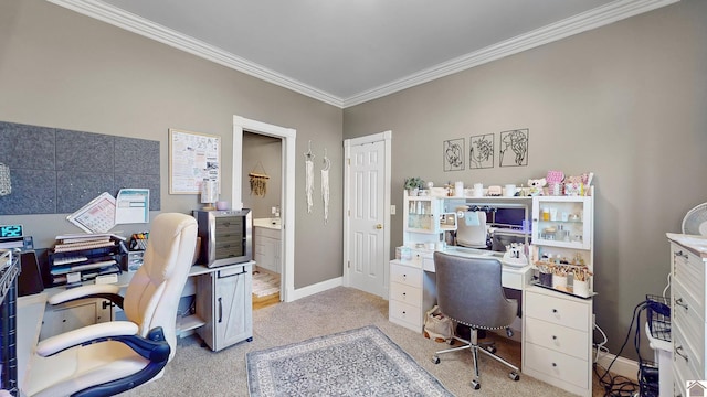 office area with baseboards, carpet flooring, and crown molding