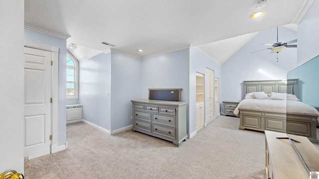 bedroom featuring light carpet, visible vents, baseboards, lofted ceiling, and ornamental molding