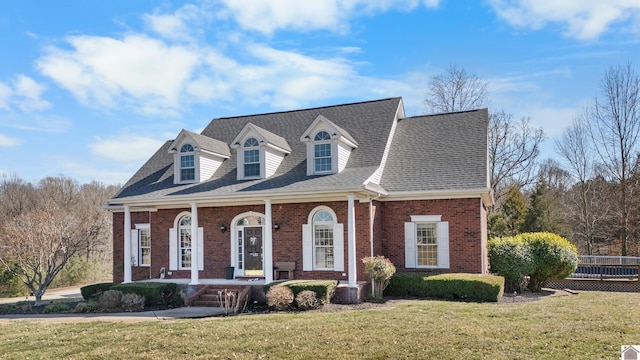 new england style home with covered porch, brick siding, a front lawn, and roof with shingles