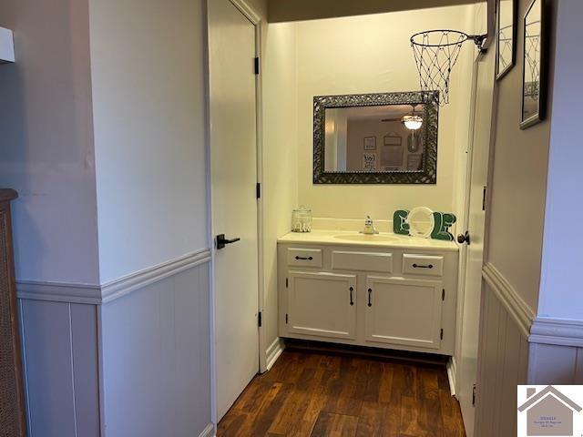 bathroom with wainscoting, vanity, and wood finished floors