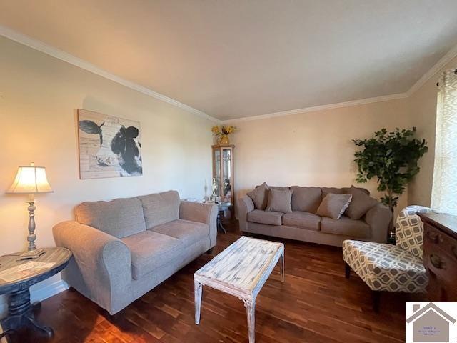 living room featuring ornamental molding and wood finished floors