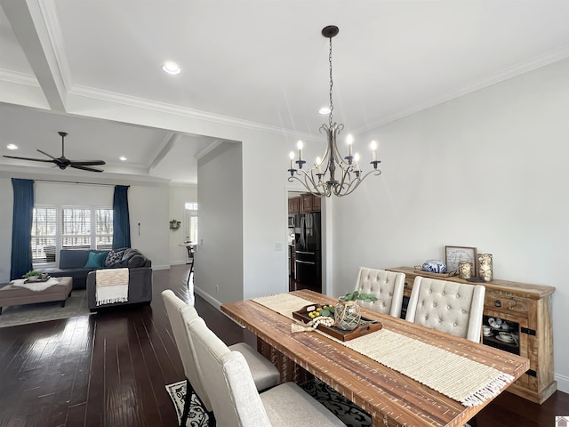 dining area with crown molding, dark wood-style flooring, recessed lighting, and baseboards