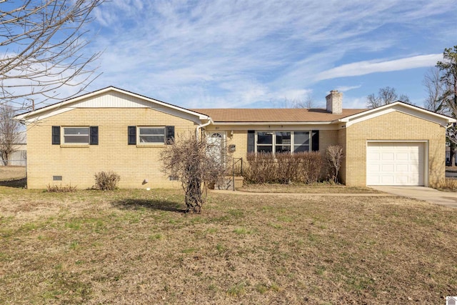 single story home with a garage, brick siding, crawl space, a chimney, and a front yard