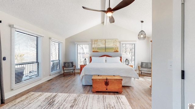 bedroom featuring lofted ceiling with beams, a textured ceiling, multiple windows, and wood finished floors