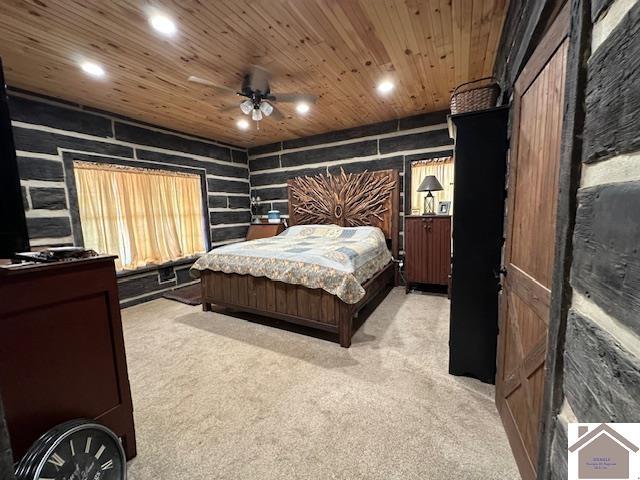 bedroom featuring wood ceiling, carpet flooring, and recessed lighting