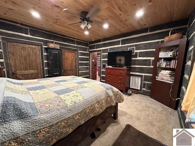 carpeted bedroom featuring wood ceiling and recessed lighting