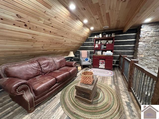 sitting room with lofted ceiling, dark wood-style flooring, wood ceiling, and recessed lighting