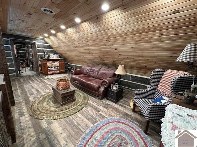 sitting room featuring recessed lighting, wood finished floors, visible vents, wood ceiling, and vaulted ceiling