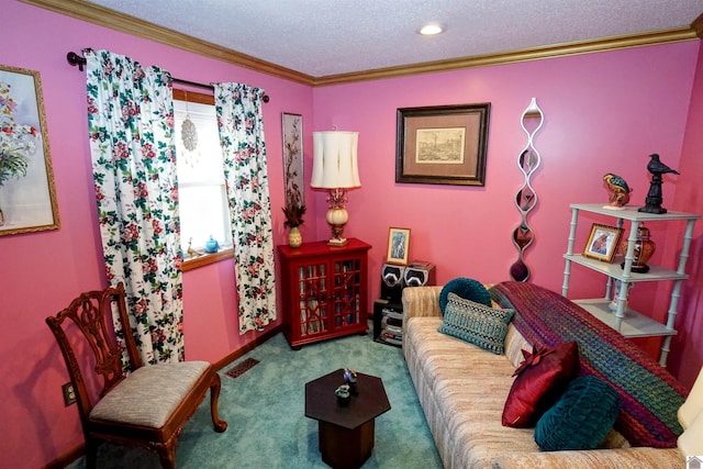 living room with a textured ceiling, recessed lighting, carpet flooring, and crown molding