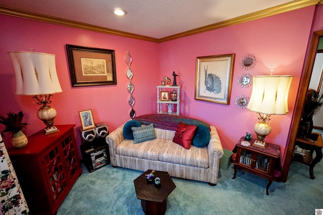 carpeted living area featuring crown molding and recessed lighting