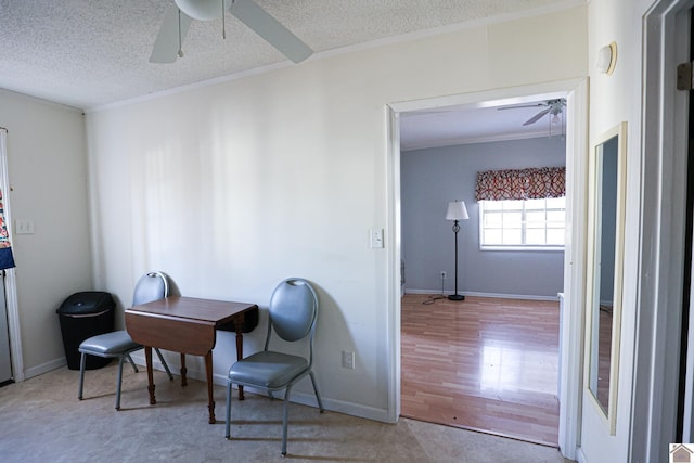 interior space featuring a ceiling fan, a textured ceiling, baseboards, and wood finished floors