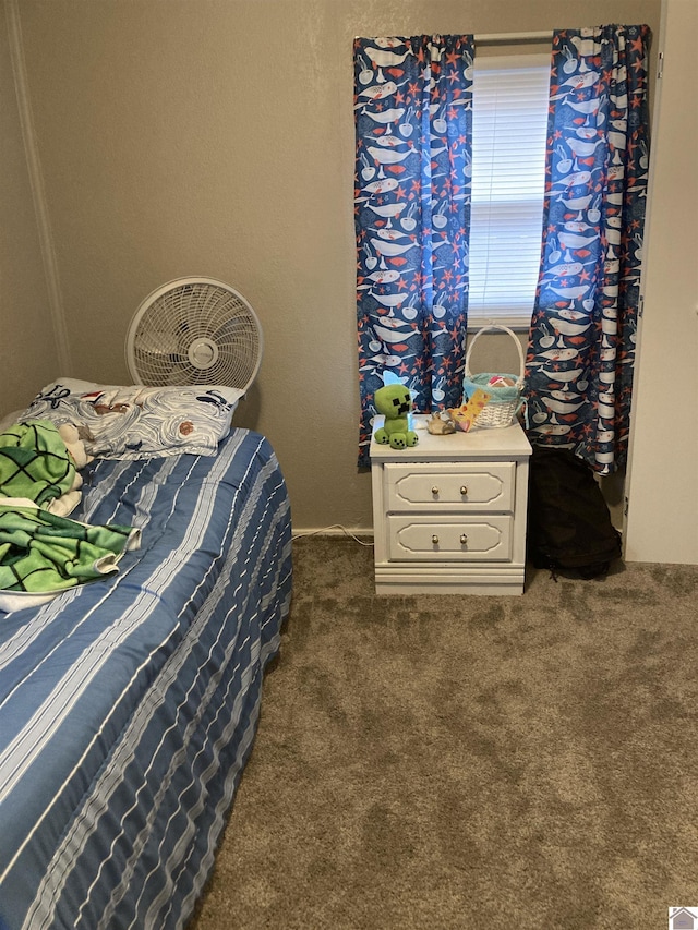 bedroom featuring dark colored carpet