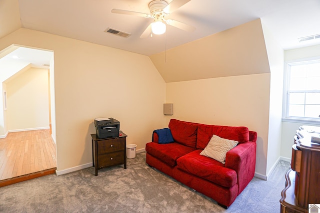 3929 Griggstown Rd, Calvert City, KY 42029 - carpeted living room with lofted ceiling, ceiling fan, and visible vents
