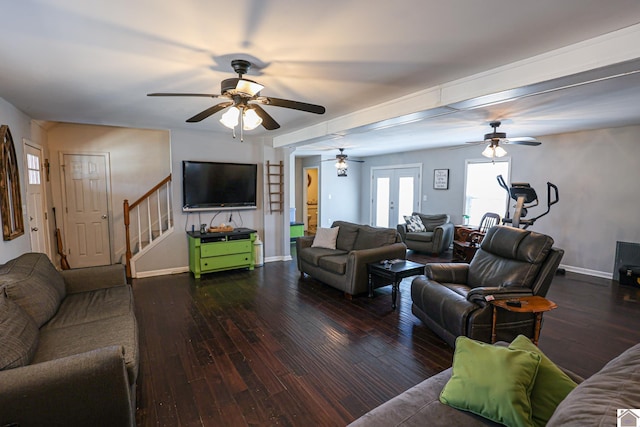 3929 Griggstown Rd, Calvert City, KY 42029 - living room featuring stairway, wood-type flooring, baseboards, and french doors