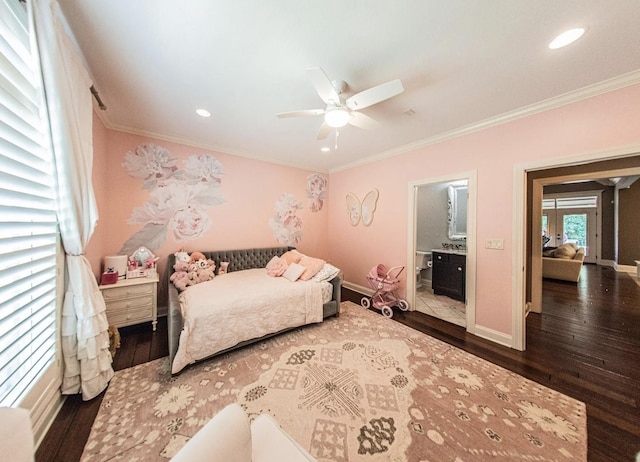 bedroom with recessed lighting, crown molding, baseboards, and wood finished floors