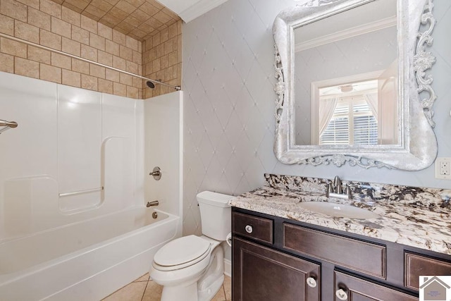 bathroom with toilet, vanity, tile patterned flooring, shower / bathtub combination, and tile walls