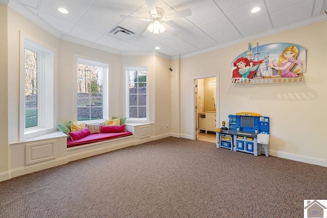 recreation room featuring recessed lighting, carpet floors, visible vents, baseboards, and crown molding