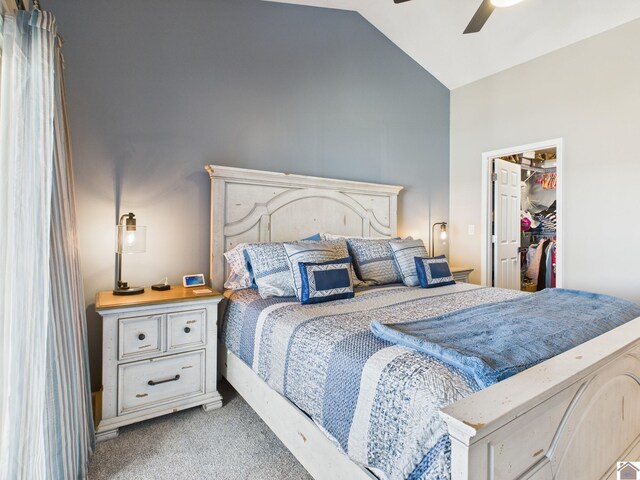 carpeted bedroom with a ceiling fan, lofted ceiling, a closet, and a spacious closet