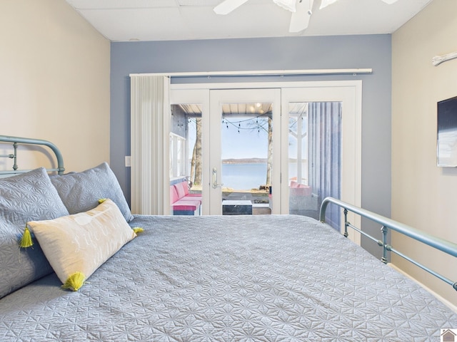 bedroom featuring access to exterior and ceiling fan