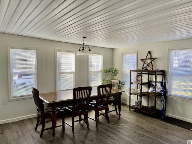 dining room with dark wood-type flooring and baseboards