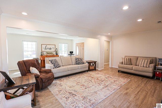 living room with baseboards, light wood finished floors, and ornamental molding