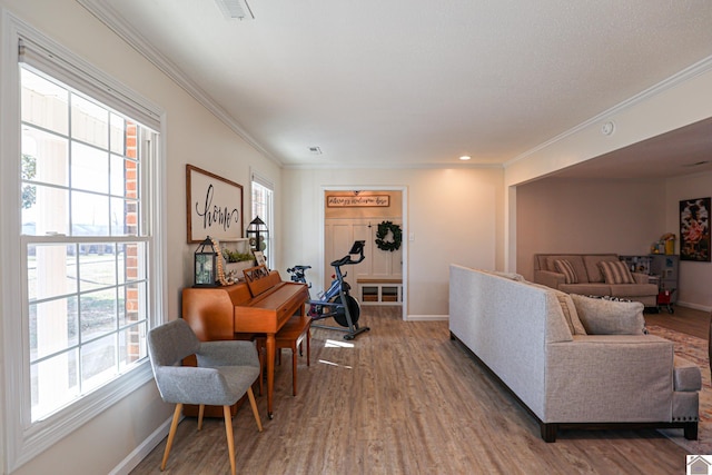 living area featuring crown molding, baseboards, and wood finished floors