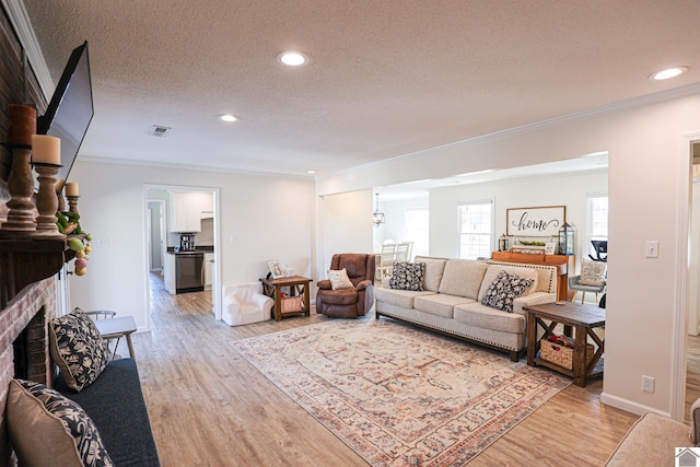 living area featuring light wood finished floors, visible vents, and ornamental molding