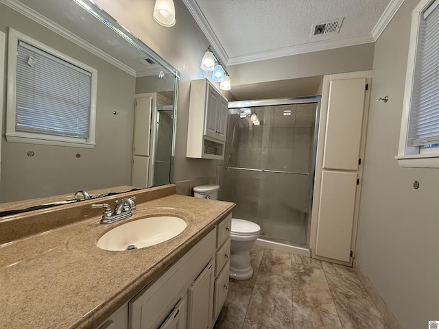 full bathroom featuring visible vents, a stall shower, and ornamental molding