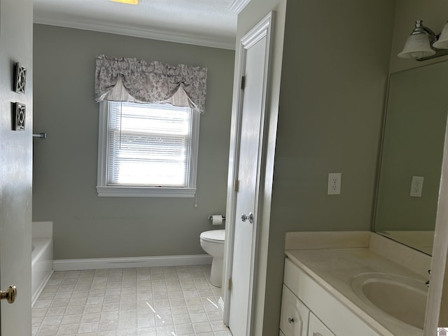 full bathroom featuring toilet, vanity, baseboards, and ornamental molding