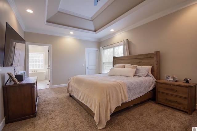 bedroom with recessed lighting, baseboards, light carpet, and crown molding