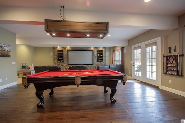 playroom featuring recessed lighting, baseboards, wood finished floors, and pool table